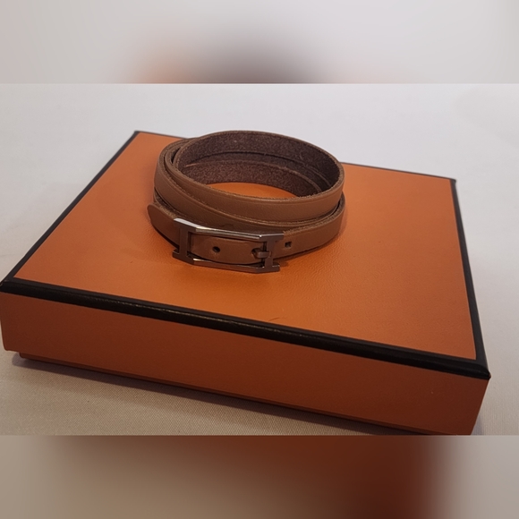 Hermès Hapi 3 Triple Wrap Brown Tan Leather Bracelet with Silver Buckle Unisex